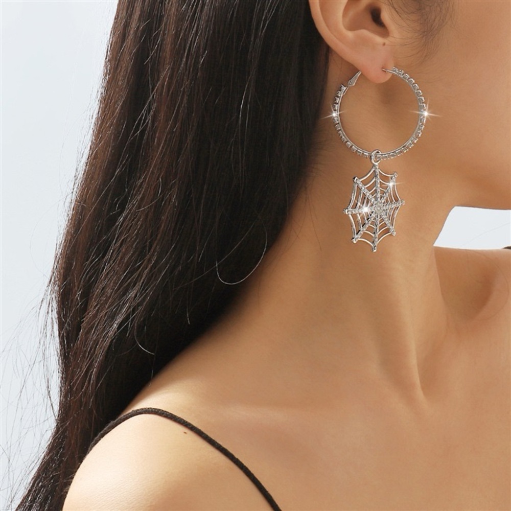 Silver Crystal Pave Hoops w/Spiderweb Pendant Earr